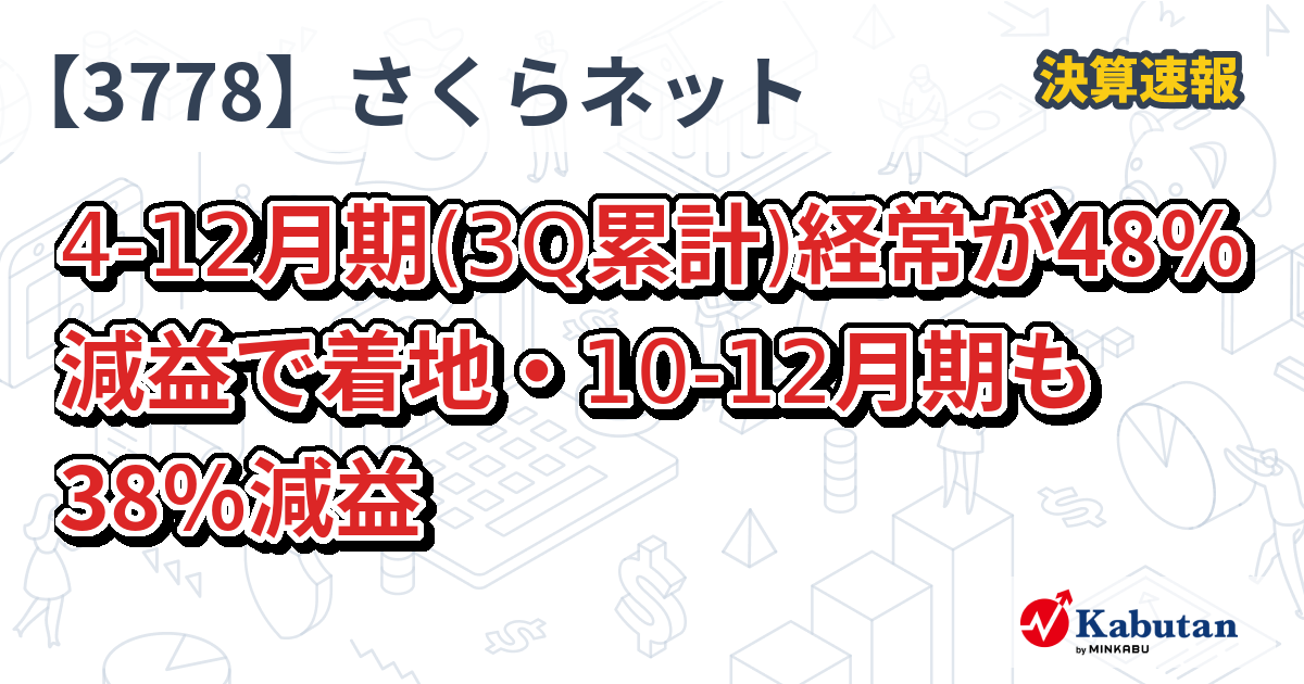 さくらインターネット【3778】、4-12月期(3Q累計)経常が48％減益で着地 