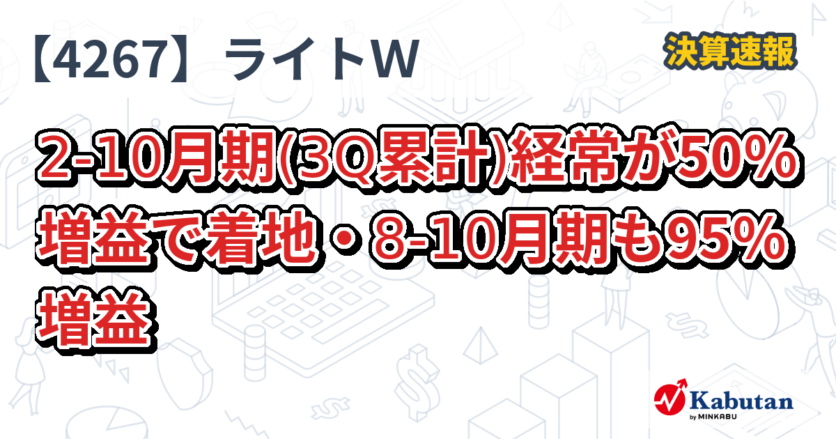 ライトワークス【4267】、2-10月期(3Q累計)経常が50％増益で着地・8-10月期も95％増益 | 決算速報 - 株探ニュース