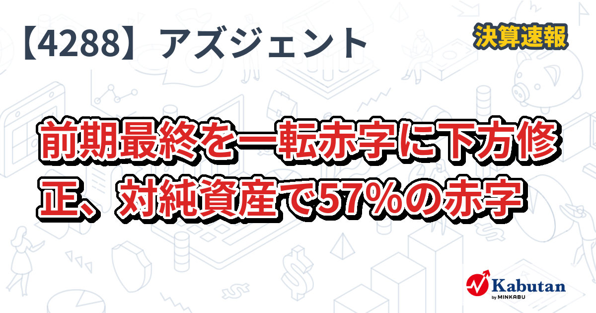 アズジェント【4288】、前期最終を一転赤字に下方修正、対純資産