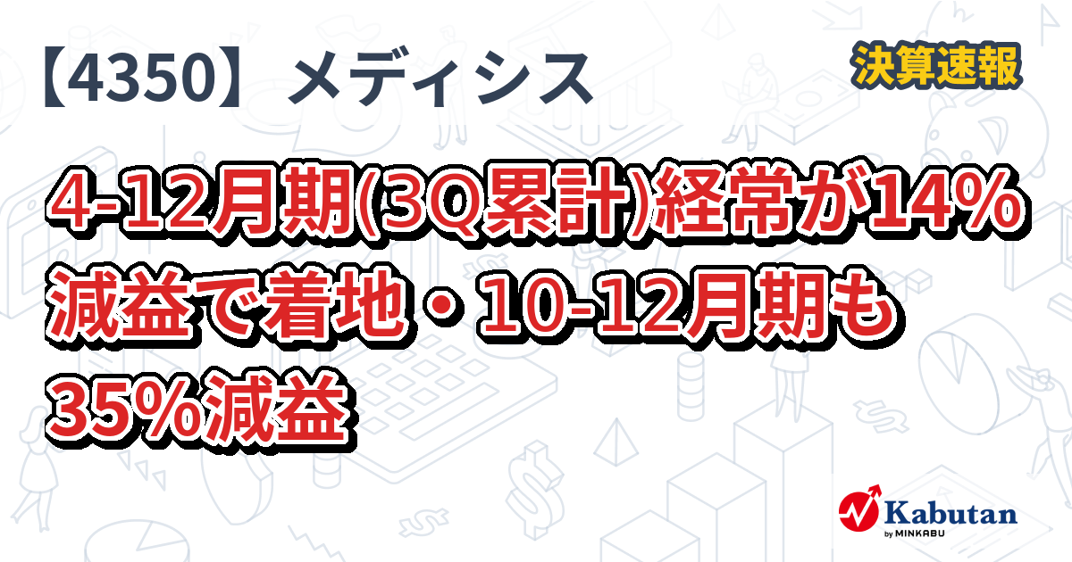 メディカルシステムネットワーク【4350】、4-12月期(3Q累計)経常が14％減益で着地・10-12月期も35％減益 | 決算速報 - 株探ニュース