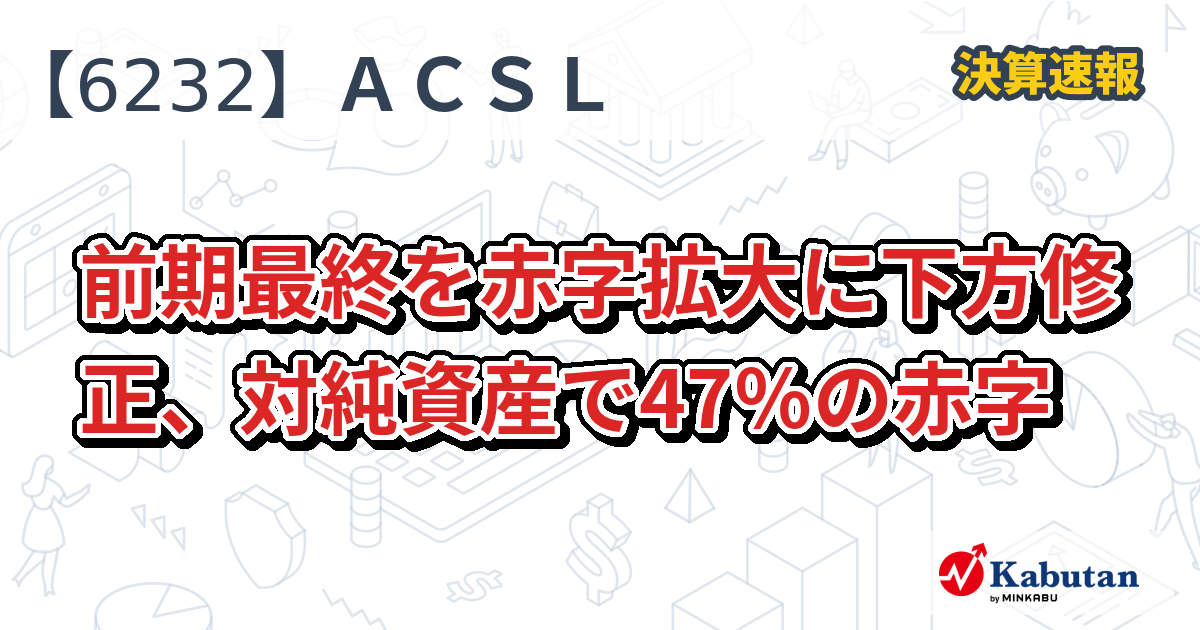 ＡＣＳＬ【6232】、前期最終を赤字拡大に下方修正、対純資産で47％の 