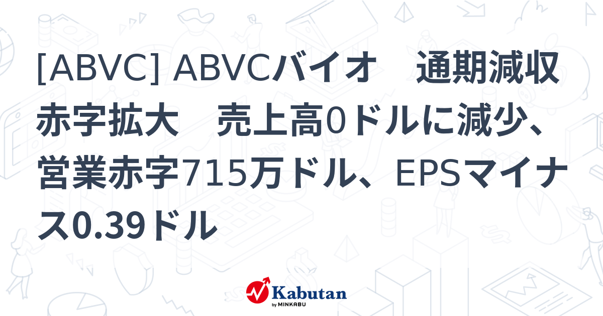 [ABVC] ABVCバイオ 通期減収赤字拡大 売上高0ドルに減少、営業赤字715万ドル、EPSマイナス0.39ドル - 株探(かぶたん)｜米国株