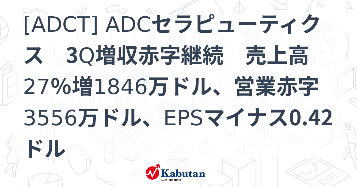 [ADCT] ADCセラピューティクス 3Q増収赤字継続 売上高27％増1846万ドル、営業赤字3556万ドル、EPSマイナス0.42ドル ...