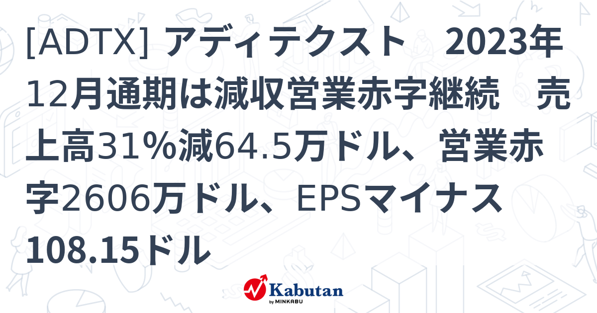 ADTX] アディテクスト 2023年12月通期は減収営業赤字継続 売上高