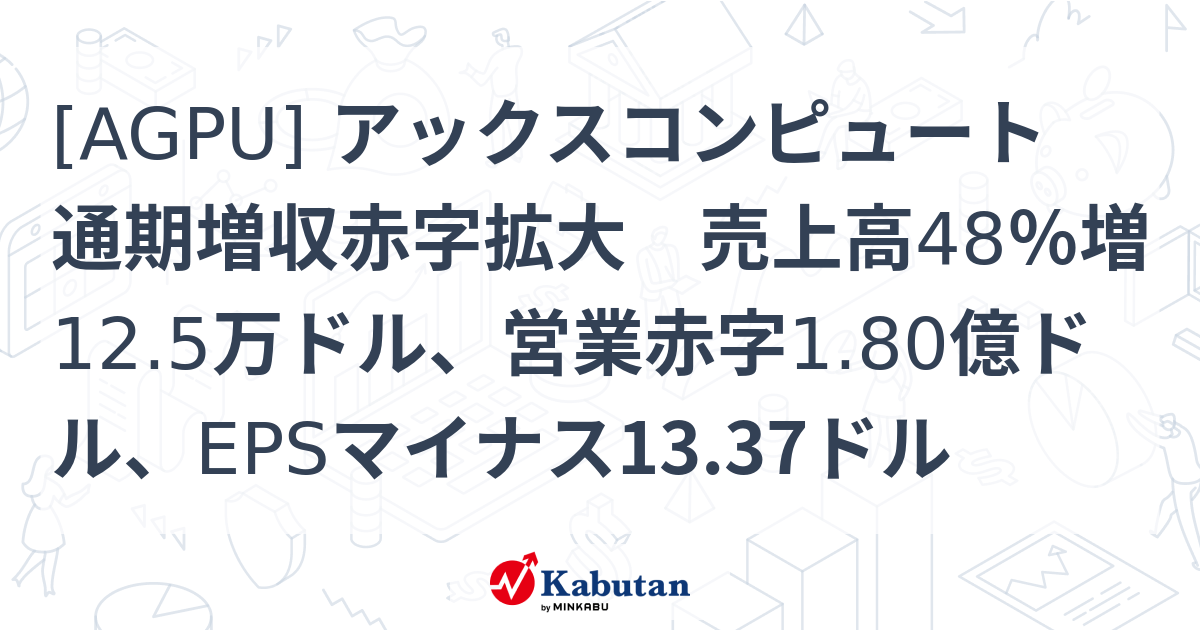 [AGPU] アックスコンピュート 通期増収赤字拡大 売上高48％増12.5万ドル、営業赤字1.80億ドル、EPSマイナス13.37ドル ...