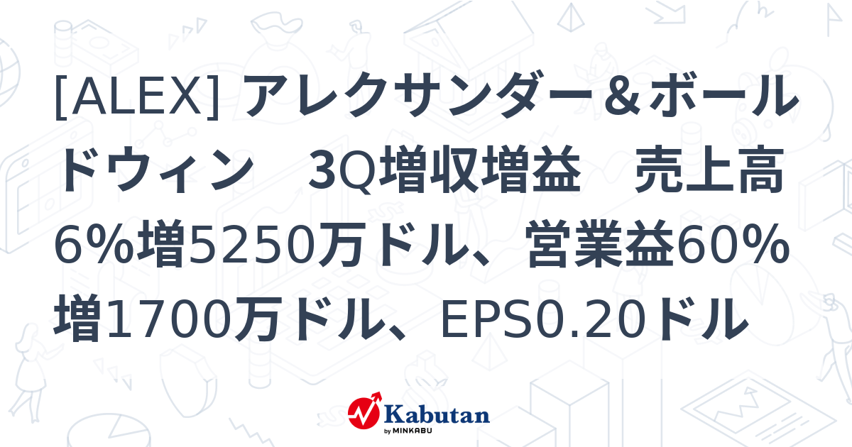 [ALEX] アレクサンダー＆ボールドウィン 3Q増収増益 売上高6％増5250万ドル、営業益60％増1700万ドル、EPS0.20ドル