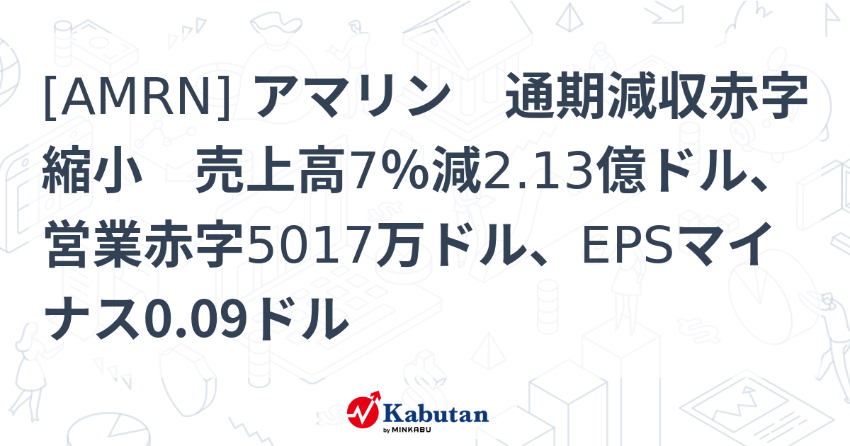 [AMRN] アマリン 通期減収赤字縮小 売上高7％減2.13億ドル、営業赤字5017万ドル、EPSマイナス0.09ドル - 株探(かぶたん)｜米国株