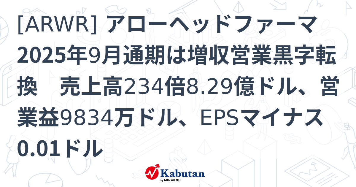[ARWR] アローヘッドファーマ 2025年9月通期は増収営業黒字転換 売上高234倍8.29億ドル、営業益9834万ドル、EPSマイナス0 ...