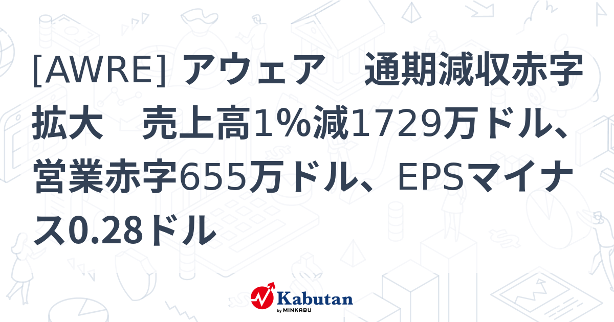 [AWRE] アウェア 通期減収赤字拡大 売上高1％減1729万ドル、営業赤字655万ドル、EPSマイナス0.28ドル - 株探(かぶたん)｜米国株