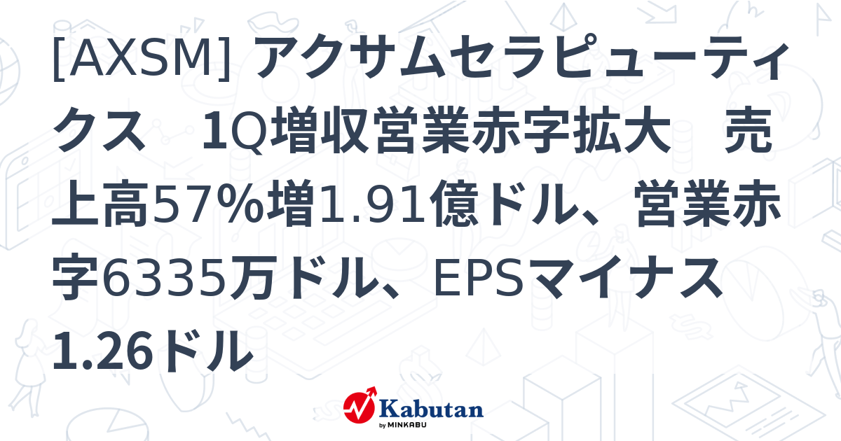 [AXSM] アクサムセラピューティクス 1Q増収営業赤字拡大 売上高57％増1.91億ドル、営業赤字6335万ドル、EPSマイナス1.26 ...