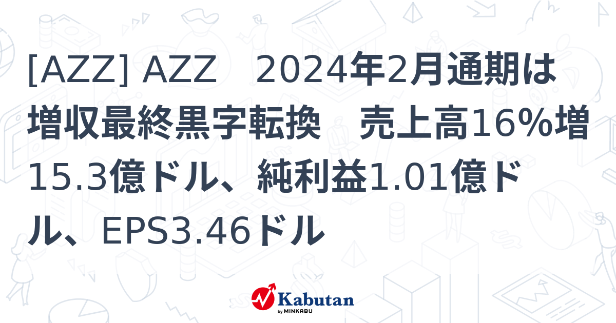 AZZ] AZZ 2024年2月通期は増収最終黒字転換 売上高16％増15.3億ドル 