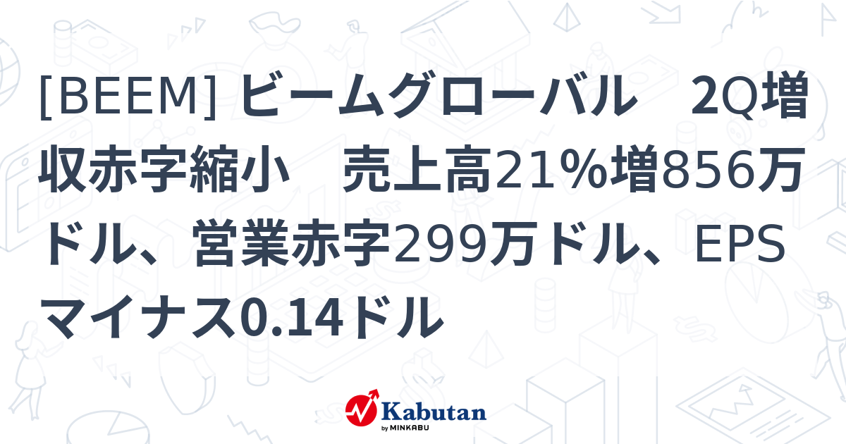 [BEEM] ビームグローバル 2Q増収赤字縮小 売上高21％増856万ドル、営業赤字299万ドル、EPSマイナス0.14ドル - 株探 ...