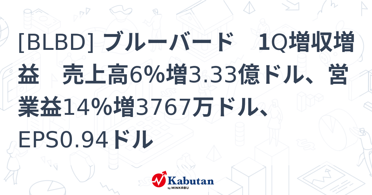 [BLBD] ブルーバード 1Q増収増益 売上高6％増3.33億ドル、営業益14％増3767万ドル、EPS0.94ドル - 株探(かぶたん)｜米国株