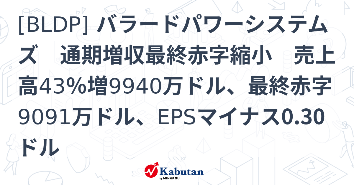 [BLDP] バラードパワーシステムズ 通期増収最終赤字縮小 売上高43％増9940万ドル、最終赤字9091万ドル、EPSマイナス0.30ドル ...