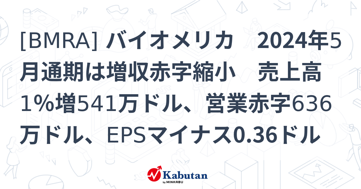[BMRA] バイオメリカ 2024年5月通期は増収赤字縮小 売上高1％増541万ドル、営業赤字636万ドル、EPSマイナス0.36ドル ...