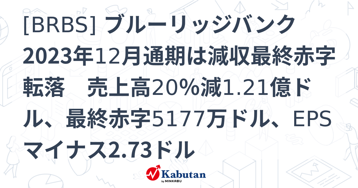 [BRBS] ブルーリッジバンク 2023年12月通期は減収最終赤字転落 売上高20％減1.21億ドル、最終赤字5177万ドル、EPSマイナス