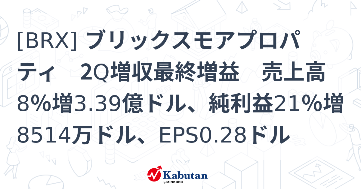 [BRX] ブリックスモアプロパティ 2Q増収最終増益 売上高8％増3.39億ドル、純利益21％増8514万ドル、EPS0.28ドル - 株探 ...
