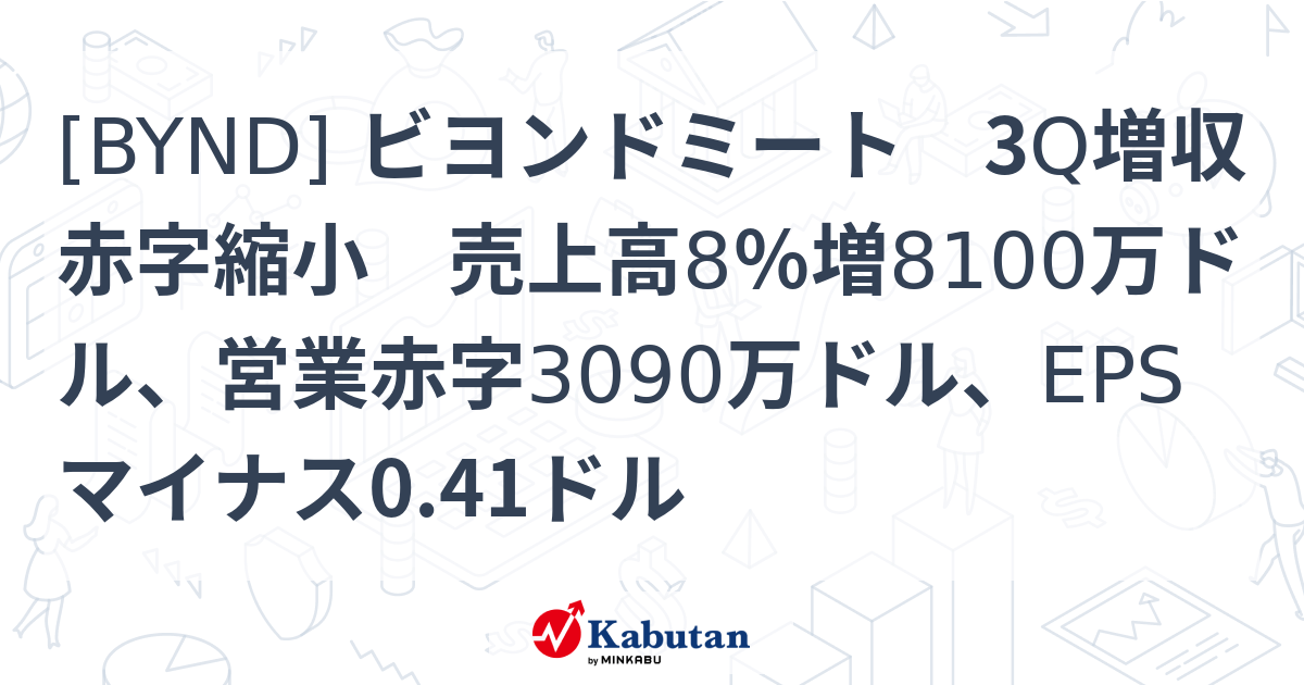 [BYND] ビヨンドミート 3Q増収赤字縮小 売上高8％増8100万ドル、営業赤字3090万ドル、EPSマイナス0.41ドル - 株探 ...