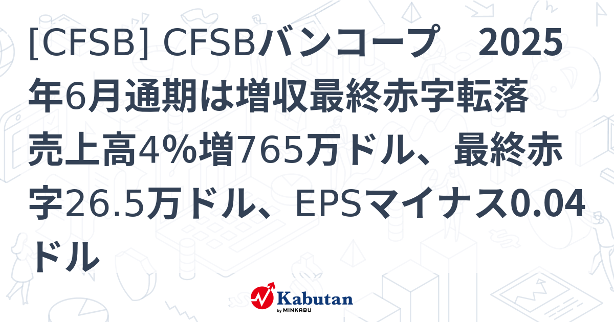 [CFSB] CFSBバンコープ 2025年6月通期は増収最終赤字転落 売上高4％増765万ドル、最終赤字26.5万ドル、EPSマイナス0. ...