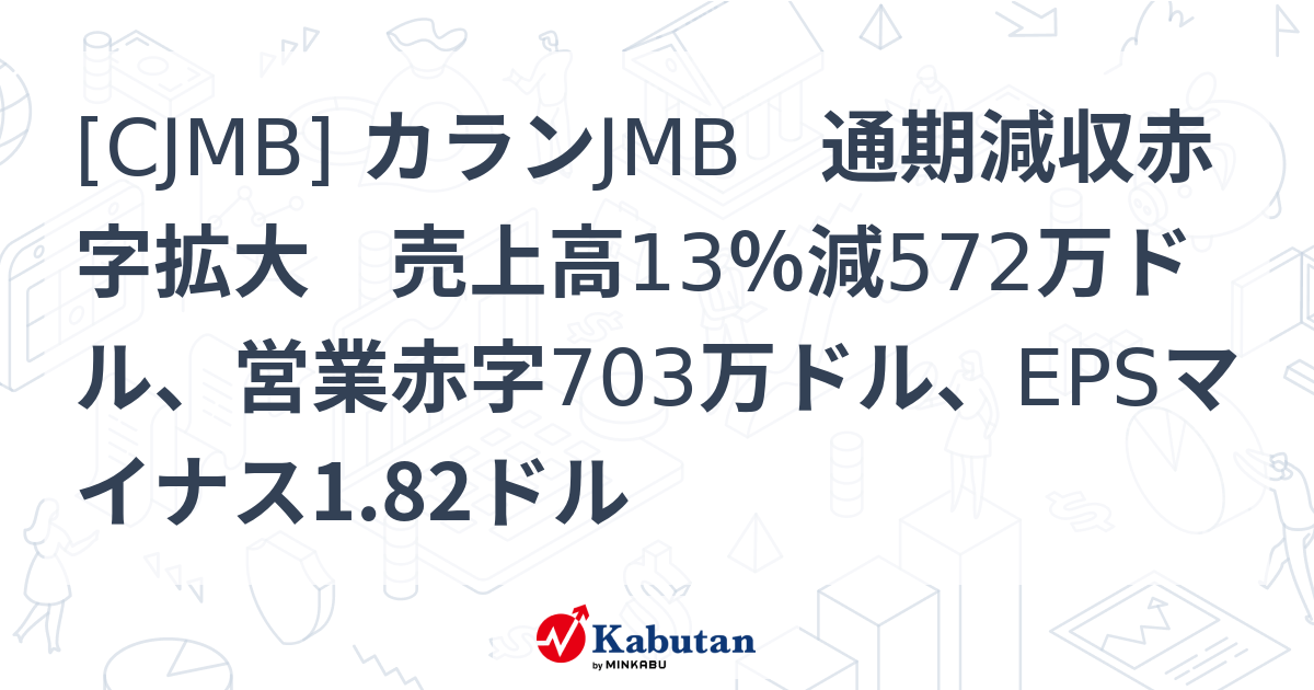 [CJMB] カランJMB 通期減収赤字拡大 売上高13％減572万ドル、営業赤字703万ドル、EPSマイナス1.82ドル - 株探(かぶたん ...
