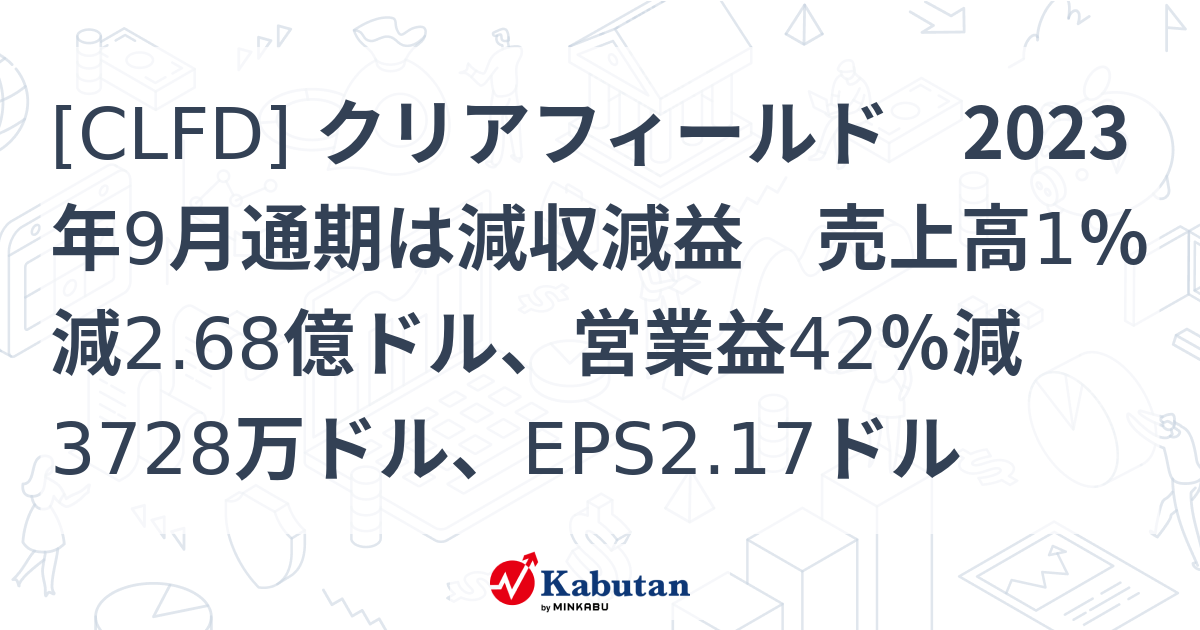 [CLFD] クリアフィールド 2023年9月通期は減収減益 売上高1％減2.68億ドル、営業益42％減3728万ドル、EPS2.17ドル ...