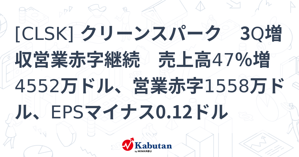 [CLSK] クリーンスパーク 3Q増収営業赤字継続 売上高47％増4552万ドル、営業赤字1558万ドル、EPSマイナス0.12ドル ...