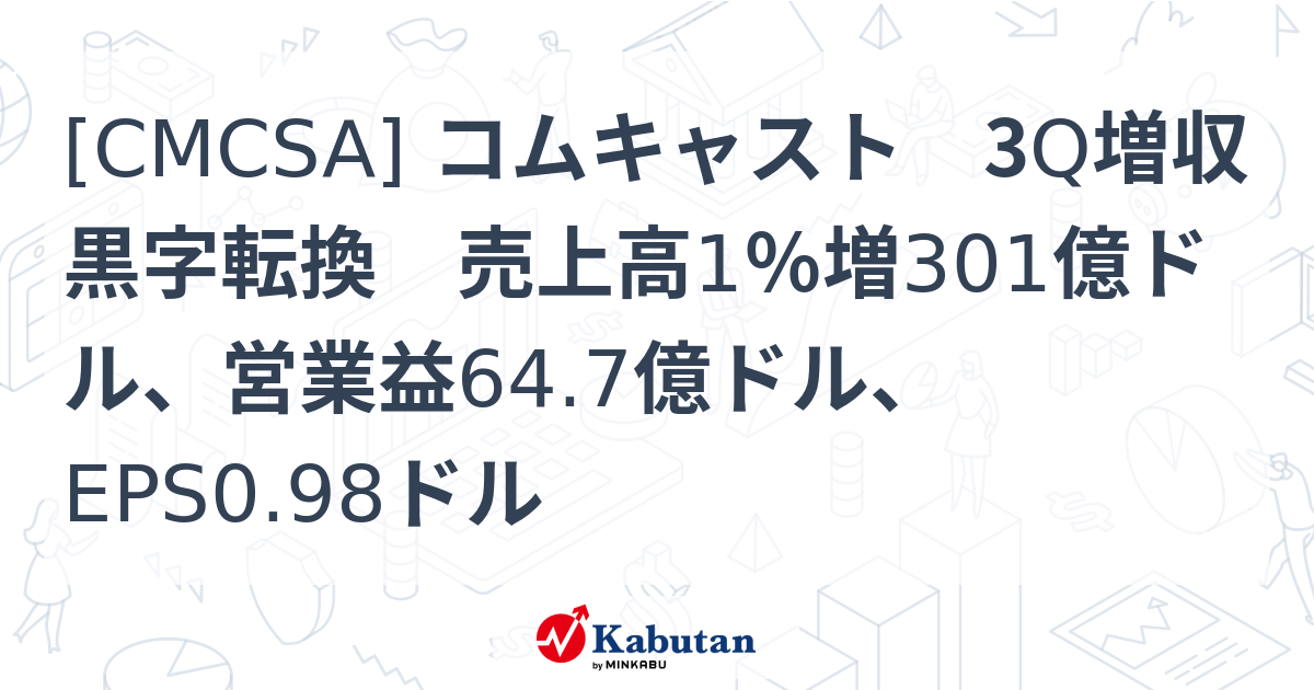 [CMCSA] コムキャスト 3Q増収黒字転換 売上高1％増301億ドル、営業益64.7億ドル、EPS0.98ドル - 株探(かぶたん)｜米国株