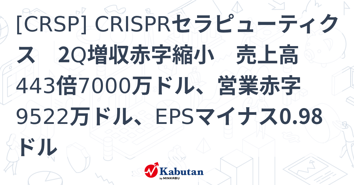 [CRSP] CRISPRセラピューティクス 2Q増収赤字縮小 売上高443倍7000万ドル、営業赤字9522万ドル、EPSマイナス0.98 ...