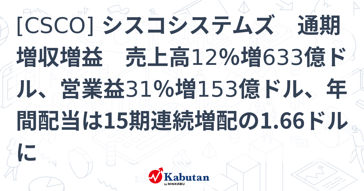 [CSCO] シスコシステムズ 通期増収増益 売上高12％増633億ドル、営業益31％増153億ドル、年間配当は15期連続増配の1.66ドルに ...