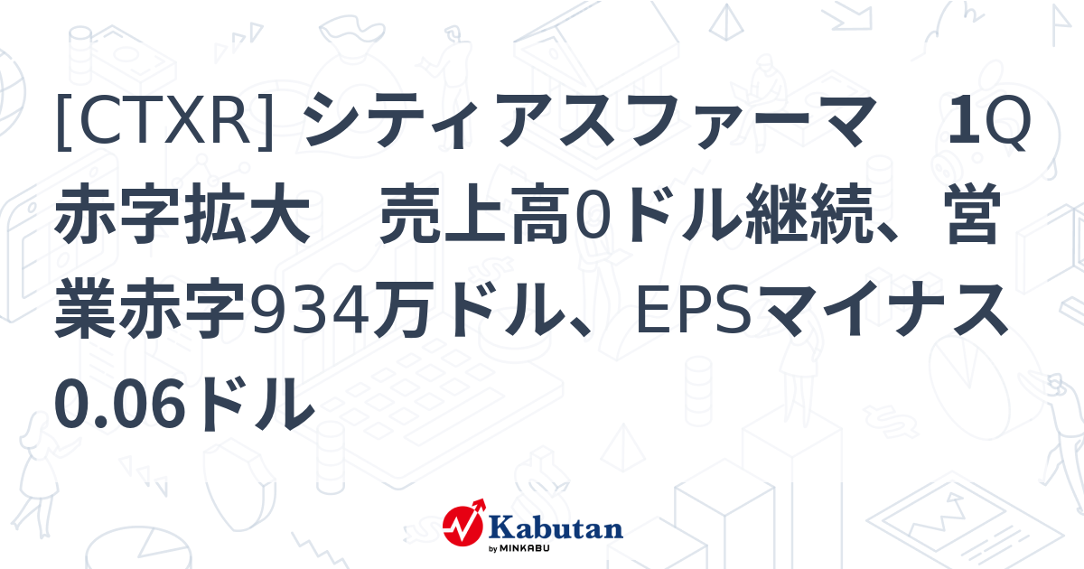 [CTXR] シティアスファーマ 1Q赤字拡大 売上高0ドル継続、営業赤字934万ドル、EPSマイナス0.06ドル - 株探(かぶたん)｜米国株