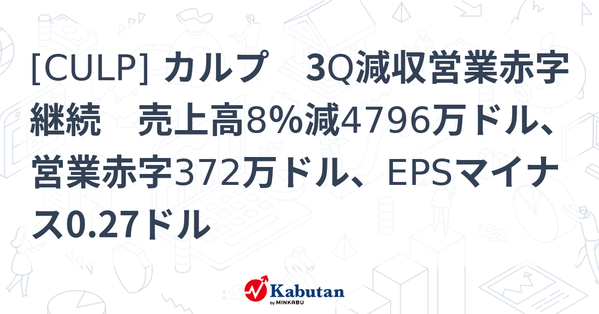 [CULP] カルプ 3Q減収営業赤字継続 売上高8％減4796万ドル、営業赤字372万ドル、EPSマイナス0.27ドル - 株探(かぶたん)｜米国株