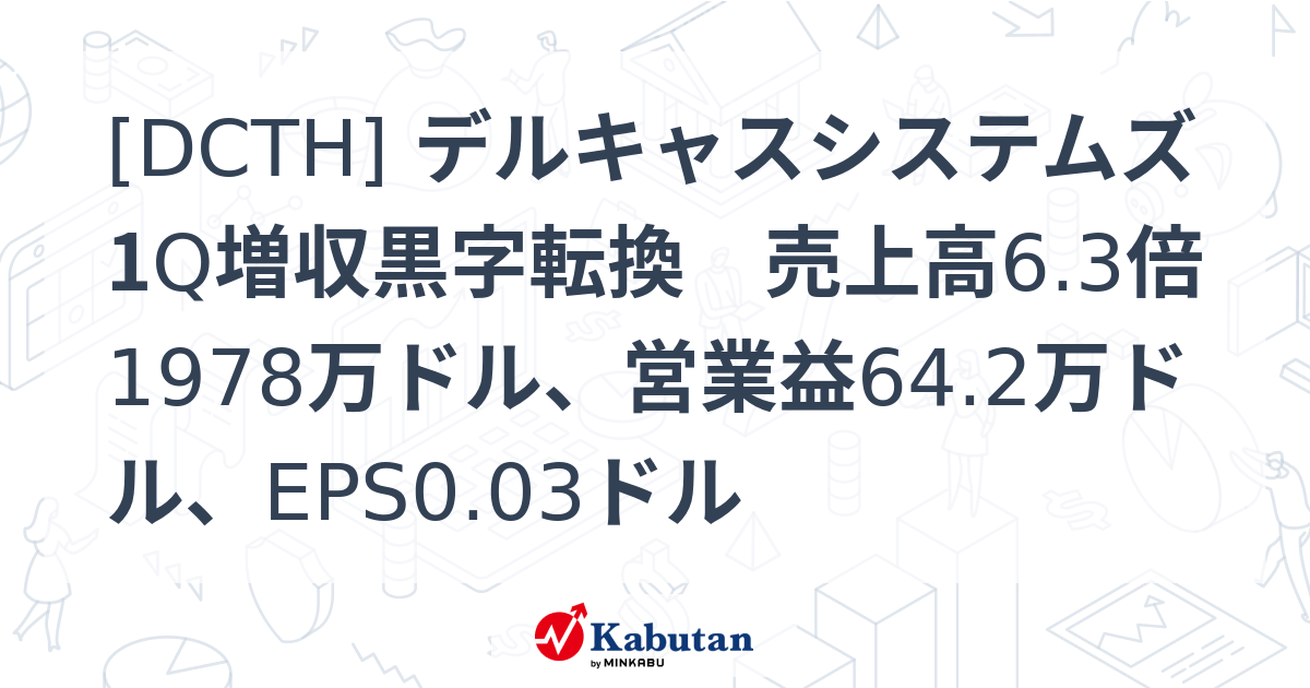 [DCTH] デルキャスシステムズ 1Q増収黒字転換 売上高6.3倍1978万ドル、営業益64.2万ドル、EPS0.03ドル - 株探 ...