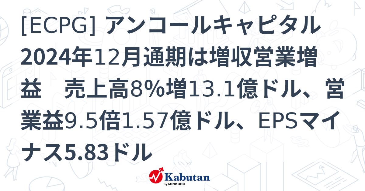 [ECPG] アンコールキャピタル 2024年12月通期は増収営業増益 売上高8％増13.1億ドル、営業益9.5倍1.57億ドル、EPS ...