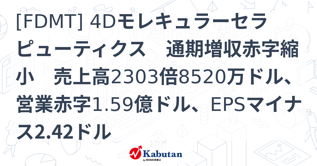 [FDMT] 4Dモレキュラーセラピューティクス 通期増収赤字縮小 売上高2303倍8520万ドル、営業赤字1.59億ドル、EPSマイナス2. ...