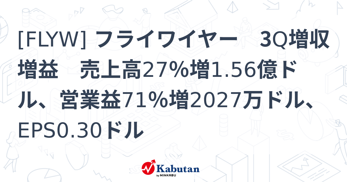 [FLYW] フライワイヤー 3Q増収増益 売上高27％増1.56億ドル、営業益71％増2027万ドル、EPS0.30ドル - 株探(かぶたん ...