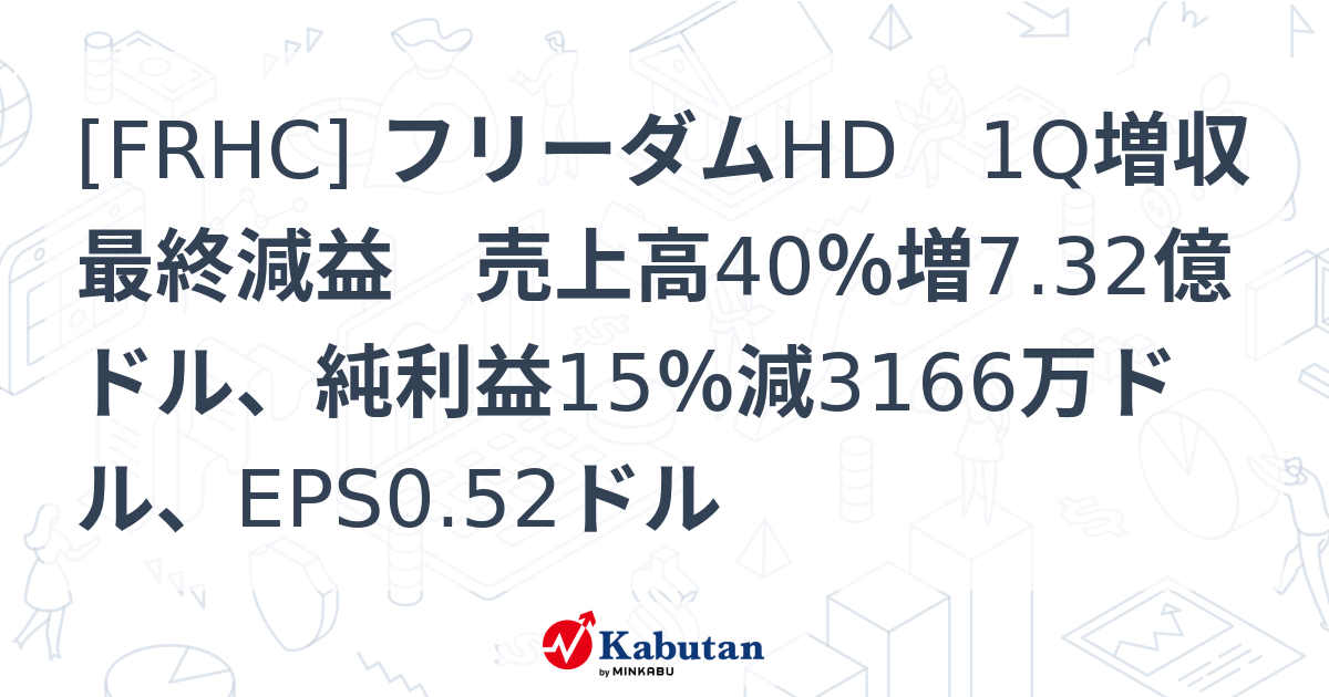 [FRHC] フリーダムHD 1Q増収最終減益 売上高40％増7.32億ドル、純利益15％減3166万ドル、EPS0.52ドル - 株探 ...