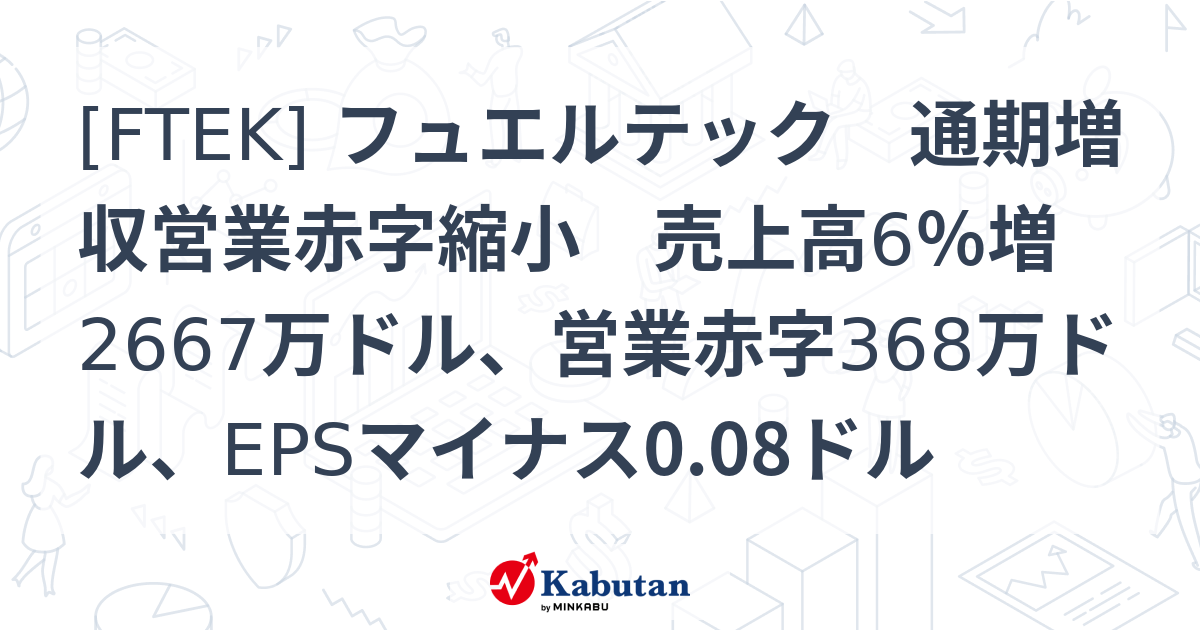 [FTEK] フュエルテック 通期増収営業赤字縮小 売上高6％増2667万ドル、営業赤字368万ドル、EPSマイナス0.08ドル - 株探 ...