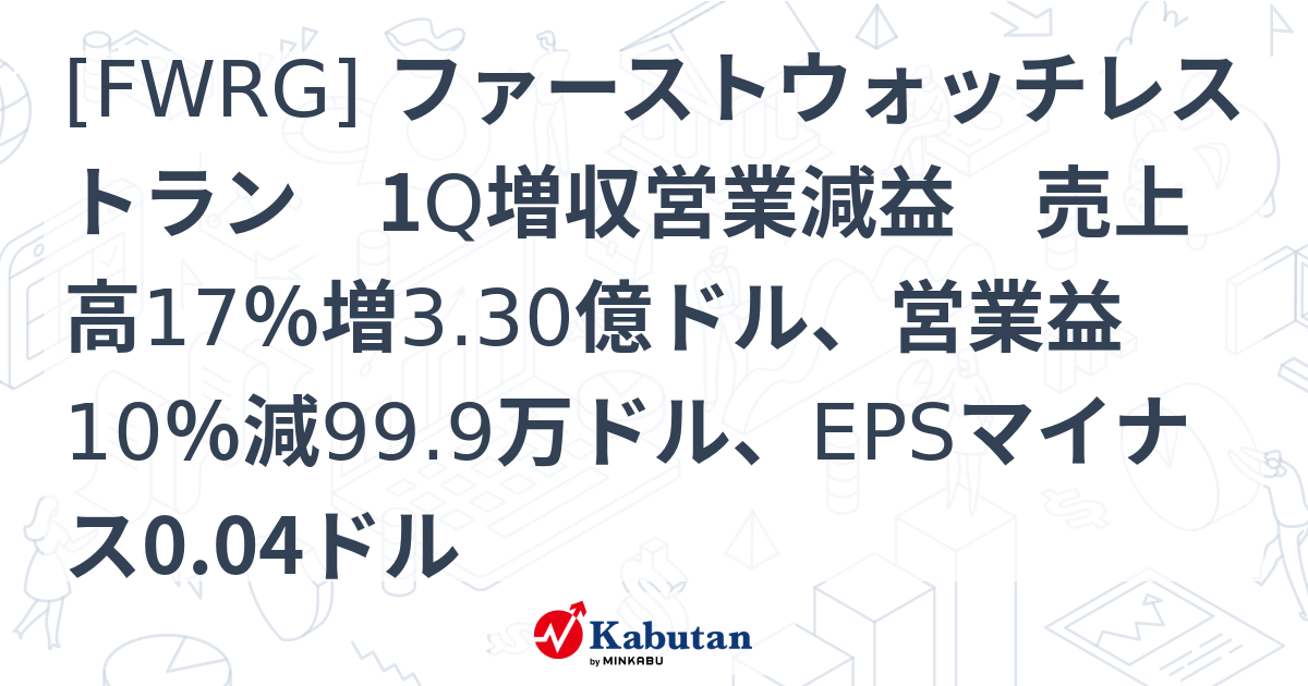 [FWRG] ファーストウォッチレストラン 1Q増収営業減益 売上高17％増3.30億ドル、営業益10％減99.9万ドル、EPSマイナス0. ...