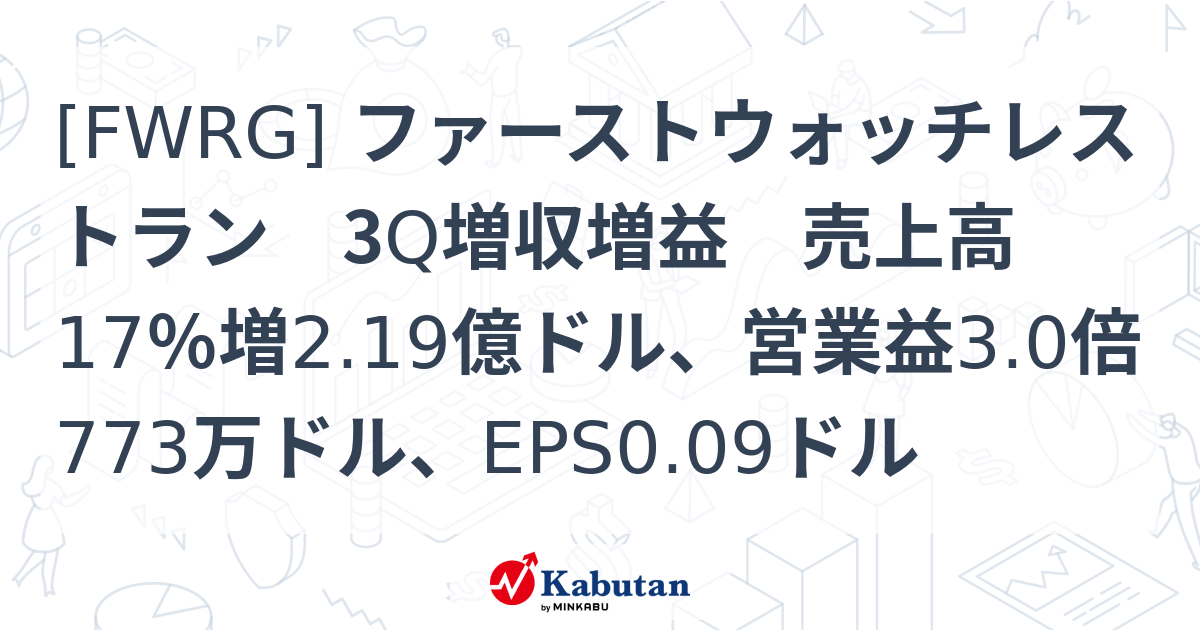 [FWRG] ファーストウォッチレストラン 3Q増収増益 売上高17％増2.19億ドル、営業益3.0倍773万ドル、EPS0.09ドル ...
