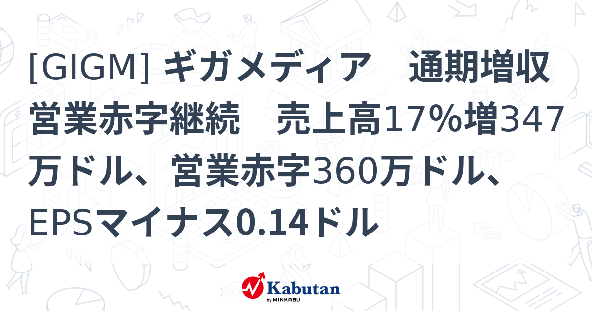 [GIGM] ギガメディア 通期増収営業赤字継続 売上高17％増347万ドル、営業赤字360万ドル、EPSマイナス0.14ドル - 株探 ...