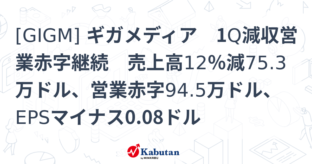 [GIGM] ギガメディア 1Q減収営業赤字継続 売上高12％減75.3万ドル、営業赤字94.5万ドル、EPSマイナス0.08ドル - 株探 ...