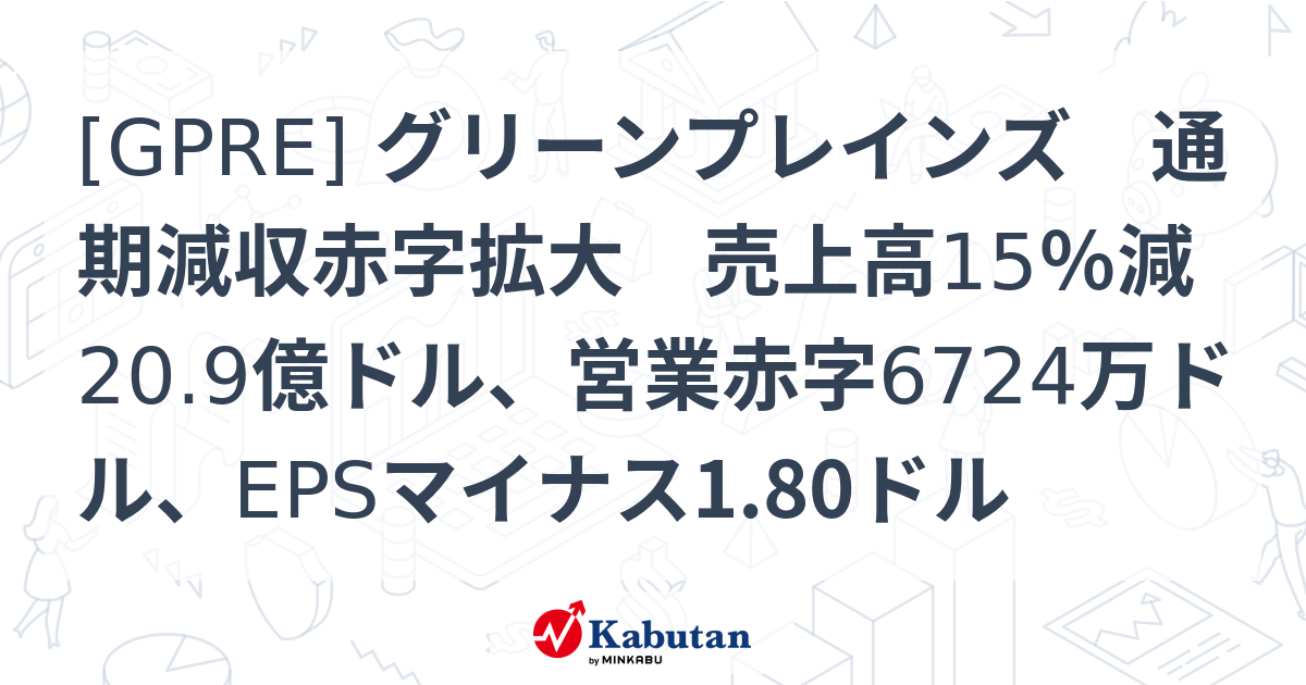[GPRE] グリーンプレインズ 通期減収赤字拡大 売上高15％減20.9億ドル、営業赤字6724万ドル、EPSマイナス1.80ドル - 株探 ...