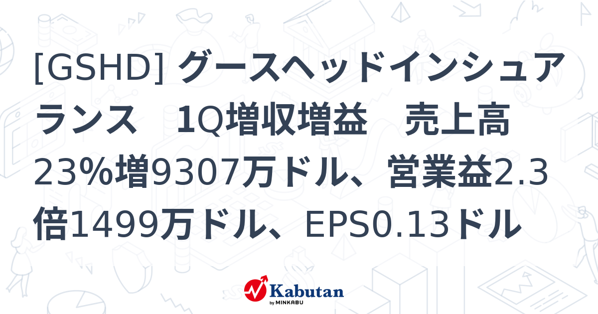 [GSHD] グースヘッドインシュアランス 1Q増収増益 売上高23％増9307万ドル、営業益2.3倍1499万ドル、EPS0.13ドル ...