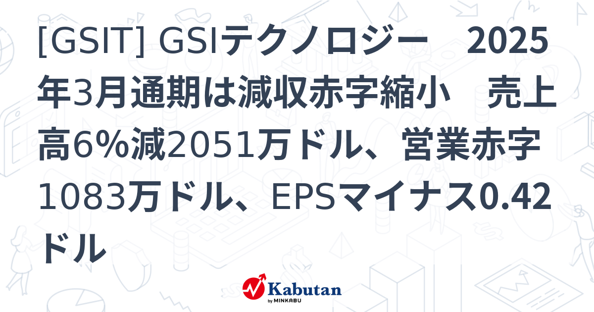 [GSIT] GSIテクノロジー 2025年3月通期は減収赤字縮小 売上高6％減2051万ドル、営業赤字1083万ドル、EPSマイナス0.42 ...