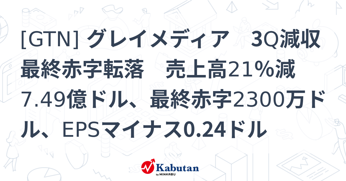GTN] グレイメディア 3Q減収最終赤字転落 売上高21％減7.49億ドル