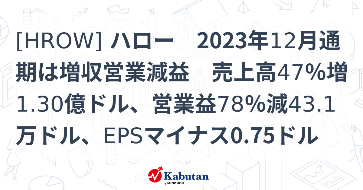 [HROW] ハロー 2023年12月通期は増収営業減益 売上高47％増1.30億ドル、営業益78％減43.1万ドル、EPSマイナス0.75 ...
