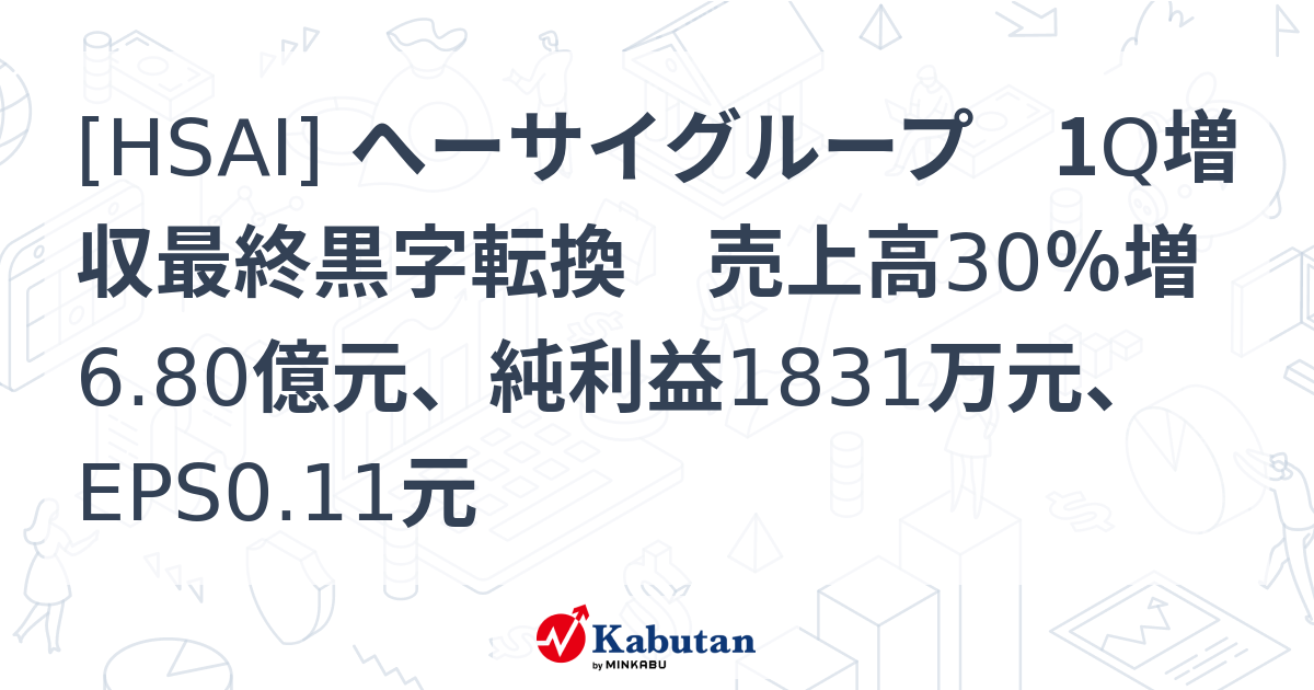 [HSAI] へーサイグループ 1Q増収最終黒字転換 売上高30％増6.80億元、純利益1831万元、EPS0.11元 - 株探(かぶたん)｜米国株