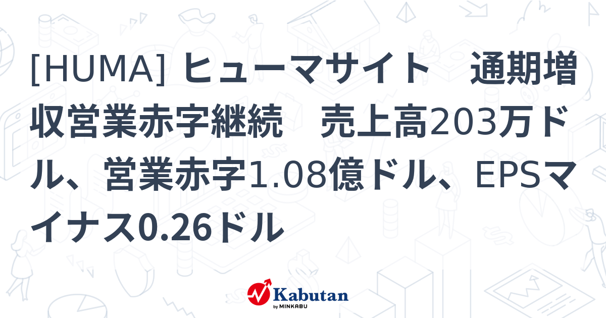 [HUMA] ヒューマサイト 通期増収営業赤字継続 売上高203万ドル、営業赤字1.08億ドル、EPSマイナス0.26ドル - 株探(かぶたん ...