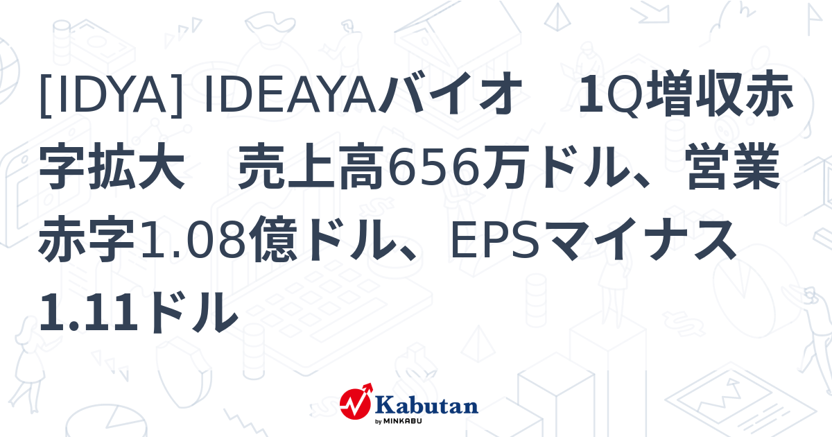 [IDYA] IDEAYAバイオ 1Q増収赤字拡大 売上高656万ドル、営業赤字1.08億ドル、EPSマイナス1.11ドル - 株探(かぶたん ...
