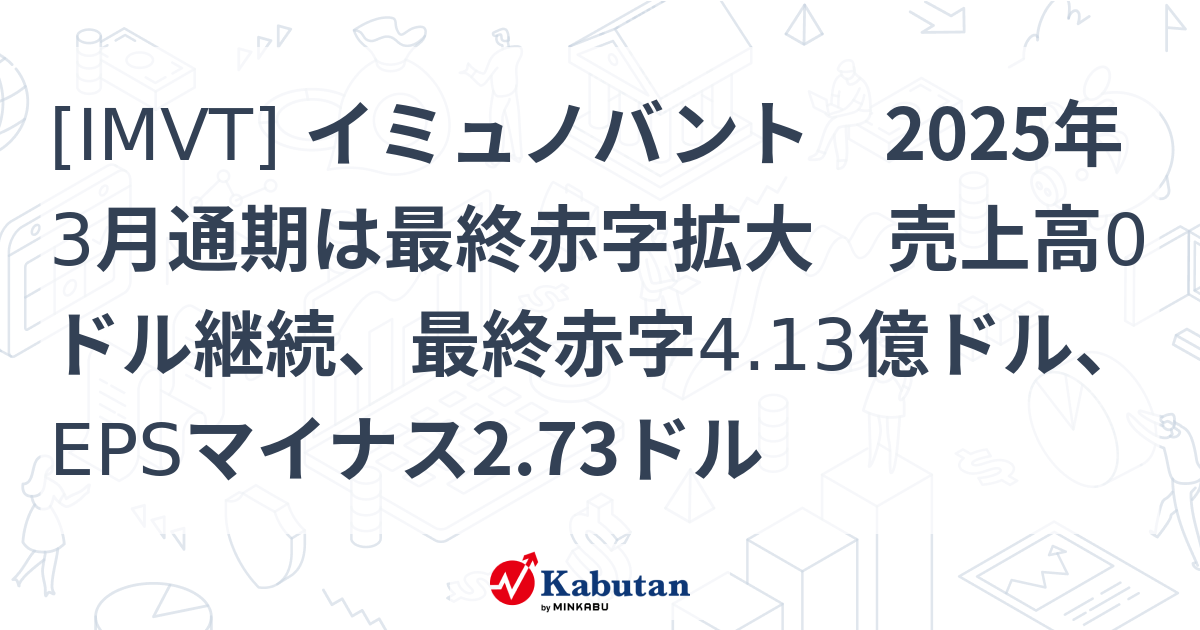 [IMVT] イミュノバント 2025年3月通期は最終赤字拡大 売上高0ドル継続、最終赤字4.13億ドル、EPSマイナス2.73ドル - 株探 ...
